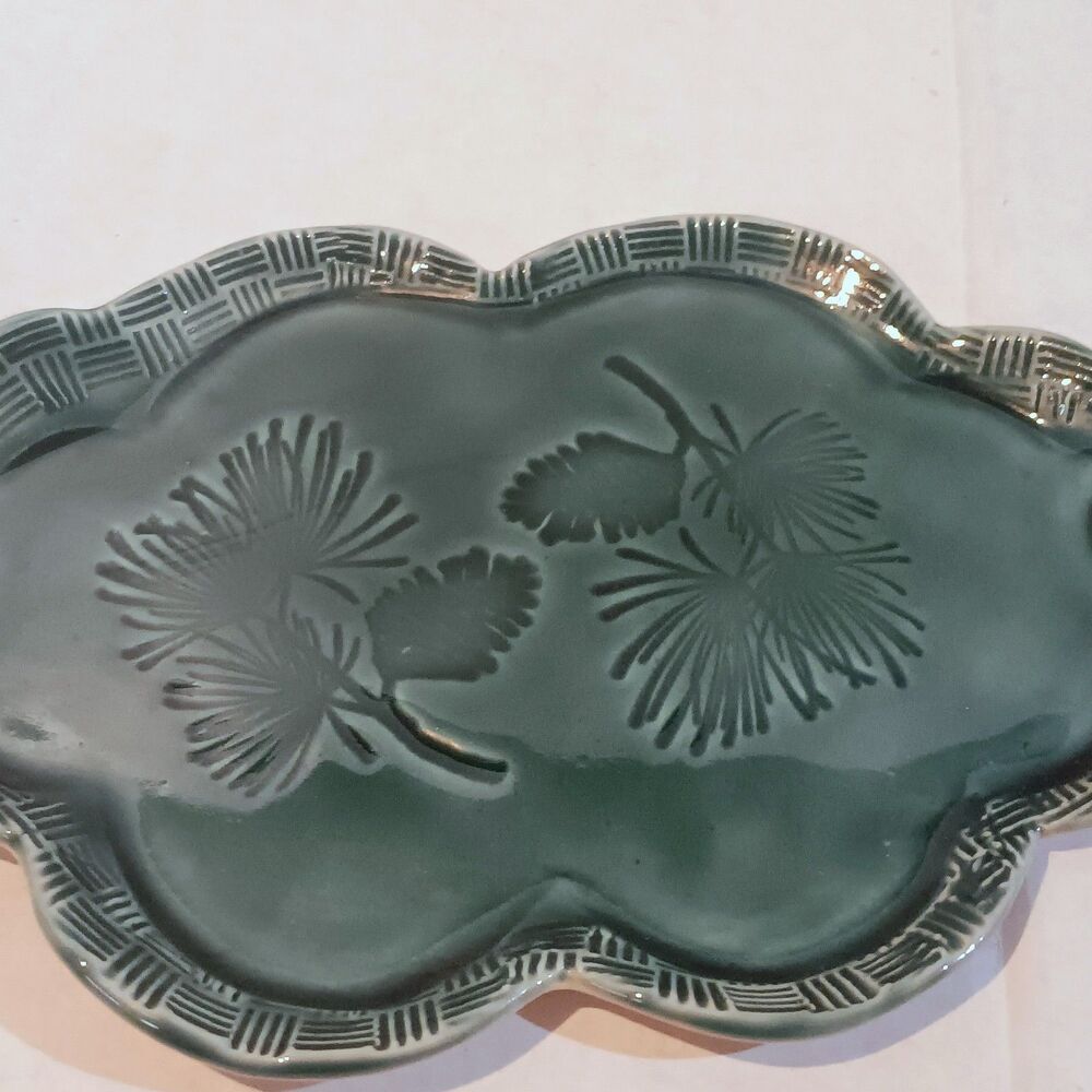 Studio Art Pottery Botanical Trinket Dish-Signed C Delee-Pine Spray-Teal-7.5"x4" - Picture 4 of 6